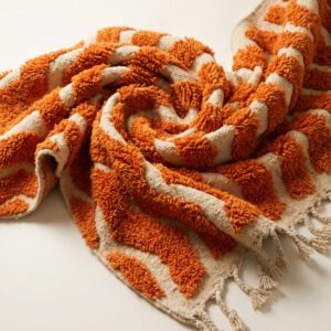 Rug - Ivory Orange Zigzag Wool Rug - Handmade Berber Wave Rug - Terracotta Boho Area Rug - Abstract Stripe Carpet - Multiple Sizes