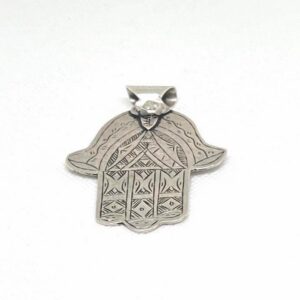 Antique Amazigh Engraved Silver Hamsa Pendant: Old Judaica Hand of Fatima Pendant Necklace