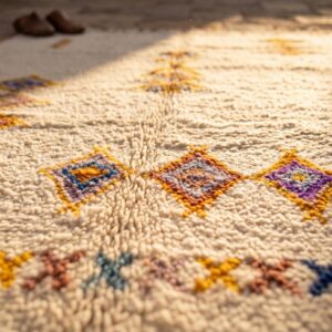 Handmade Beni Ourain Amazigh Rug, Ivory Wool Shag, Saffron Purple Amber Totem Carpet