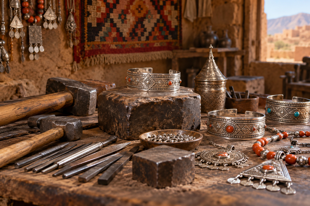 Amazigh jewelry artisan creating silverwork