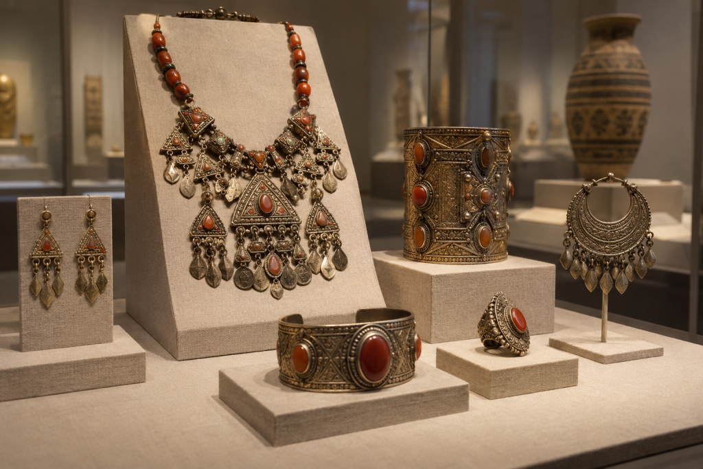 Historical Amazigh jewelry displayed in a museum