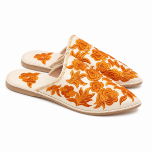Amazigh Babouche Ivoire Brodée Fleurs Orange Leather Shoes