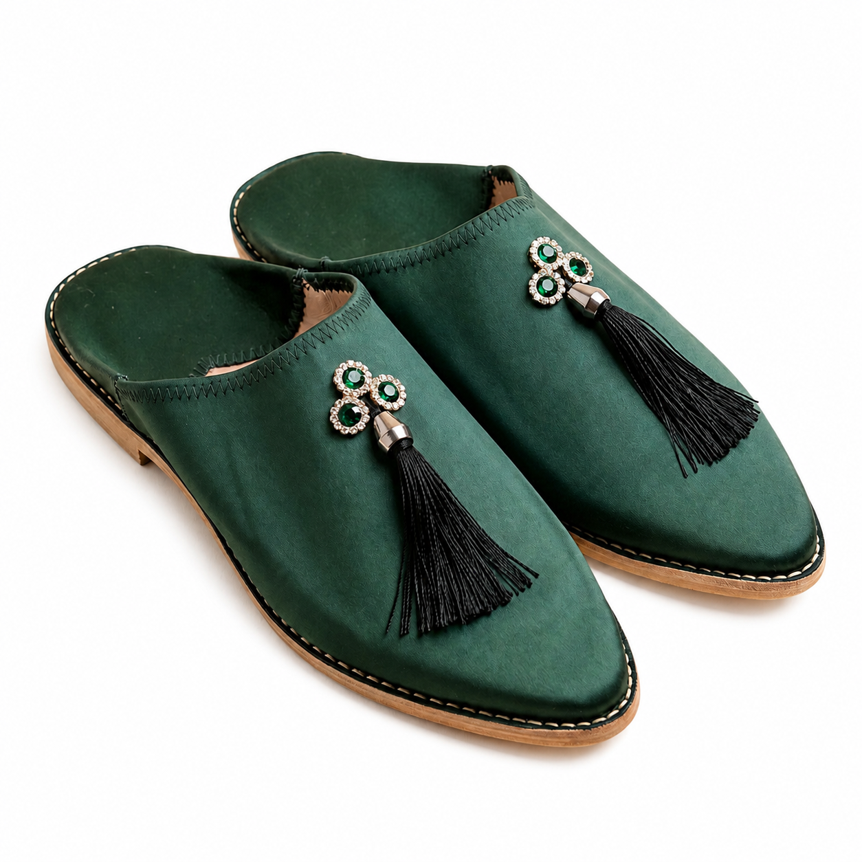 Amazigh Babouche verte bouteille pompon strass Satin Celebration Shoes