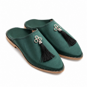 Amazigh Babouche Verte Bouteille Pompon Strass Satin Celebration Shoes