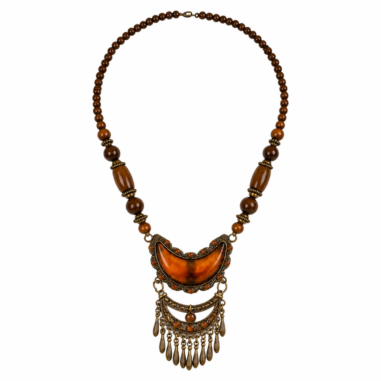 Amazigh Beaded Wood Agate Brass Bohemian Tribal Necklace