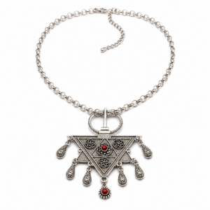 Amazigh Berber Tizerzit Inspired Silver Fibula Red Bead Necklace
