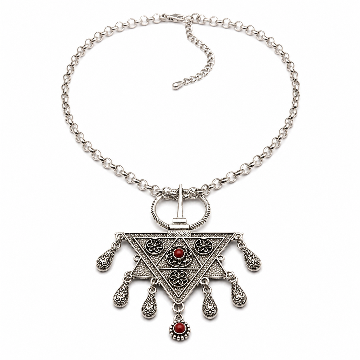 Amazigh Berber Tizerzit Inspired Silver Fibula Red Bead Necklace