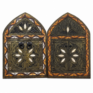 Amazigh Berber Zellige-Style Embossed Brass Mirror with Doors Wall Art
