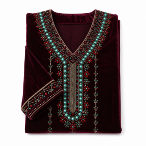 Amazigh Burgundy Velvet Crystal Embroidered Bridal Takchita Kaftan