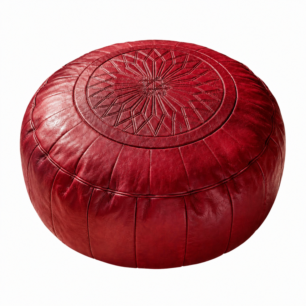 Amazigh Dark Red Leather Round Boho Floor Pouf