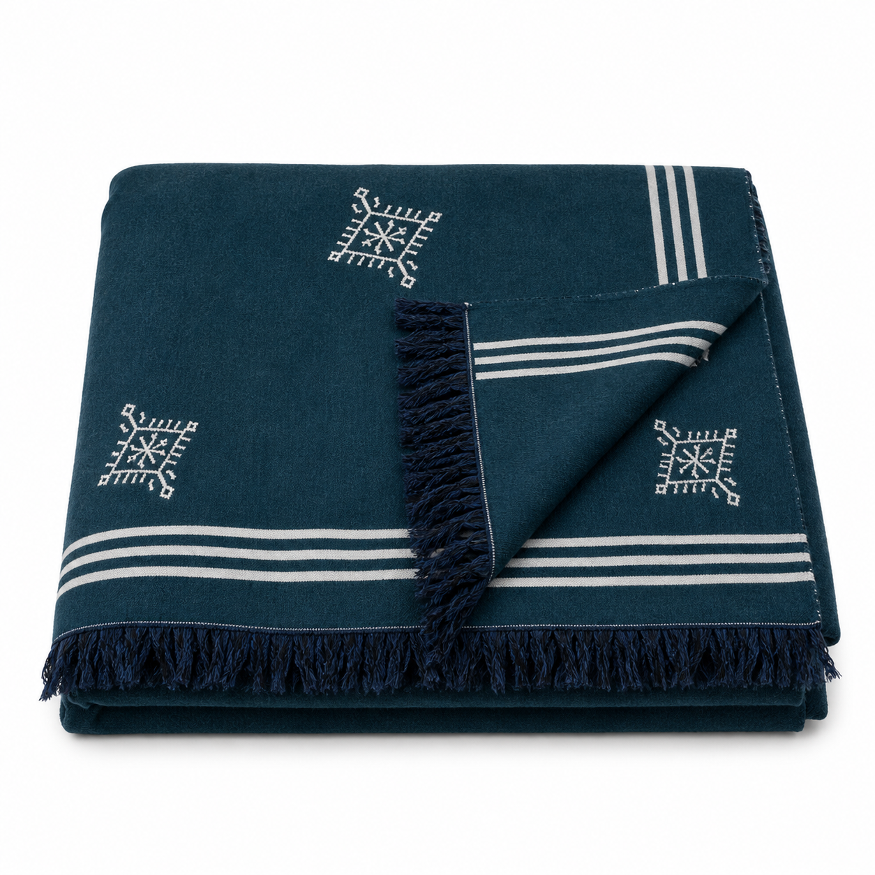 Amazigh Deep Teal Cotton Bedspread Handmade White Blanket