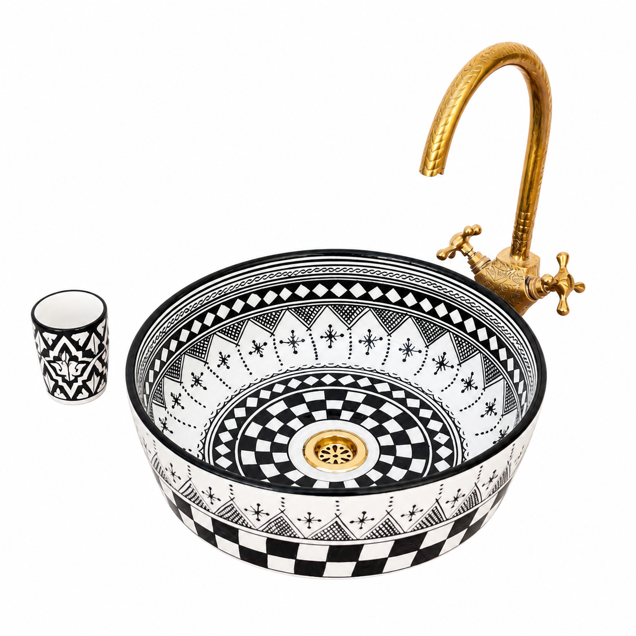 Amazigh Hand Painted Checkerboard Bathroom Sink Basin Ceramic Ring