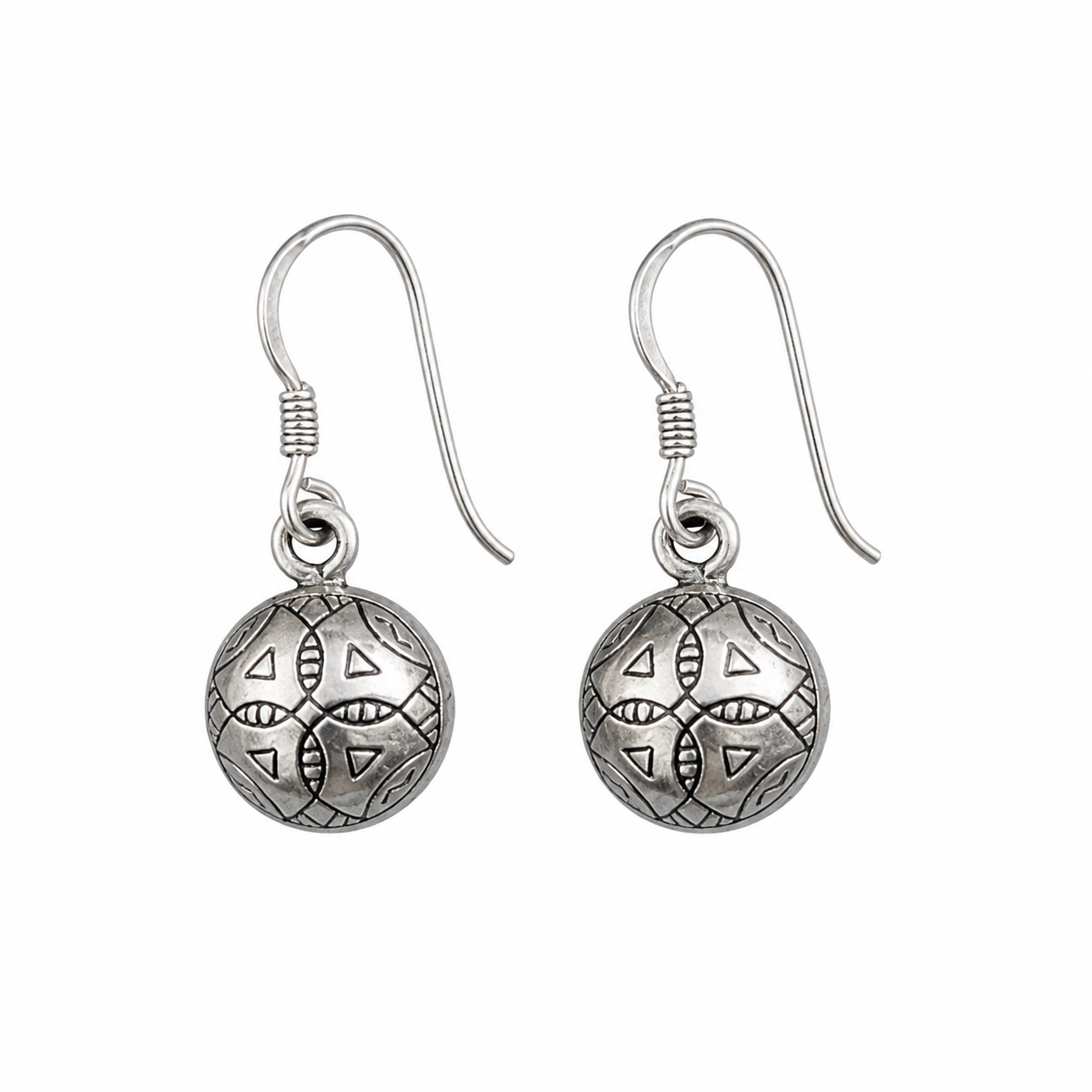 Amazigh Handcrafted Silver Engraved Geometric Symbol Dangle Earrings