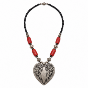 Amazigh Handmade Heart Pendant Red Beaded Statement Necklace