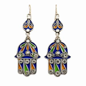 Amazigh Handmade Silver Enamel Hamsa Design Tiznit Earrings