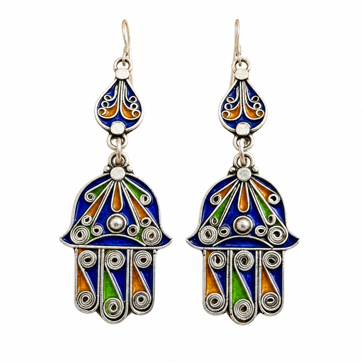 Amazigh Handmade Silver Enamel Hamsa Design Tiznit Earrings