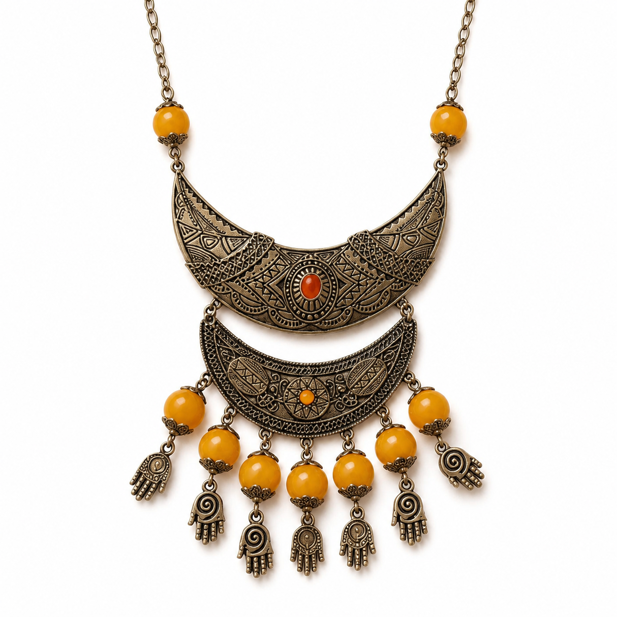 Amazigh Handmade Statement Yellow Beads Hamsa Charms Necklace