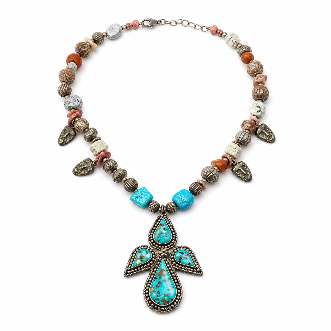 Amazigh Indigenous Brown Jasper Blue Turquoise Antique Charm Necklace