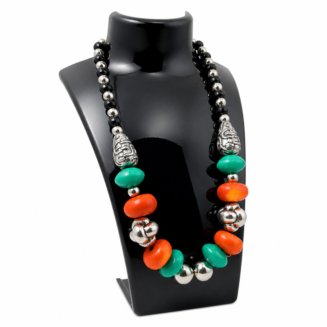 Amazigh Orange Green Resin Beads Silver Accents Necklace