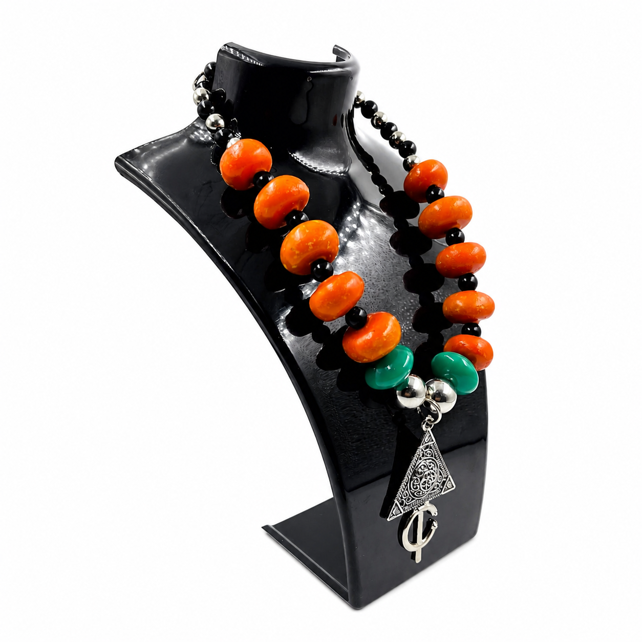 Amazigh Orange Green Resin Beads Silver Triangle Necklace