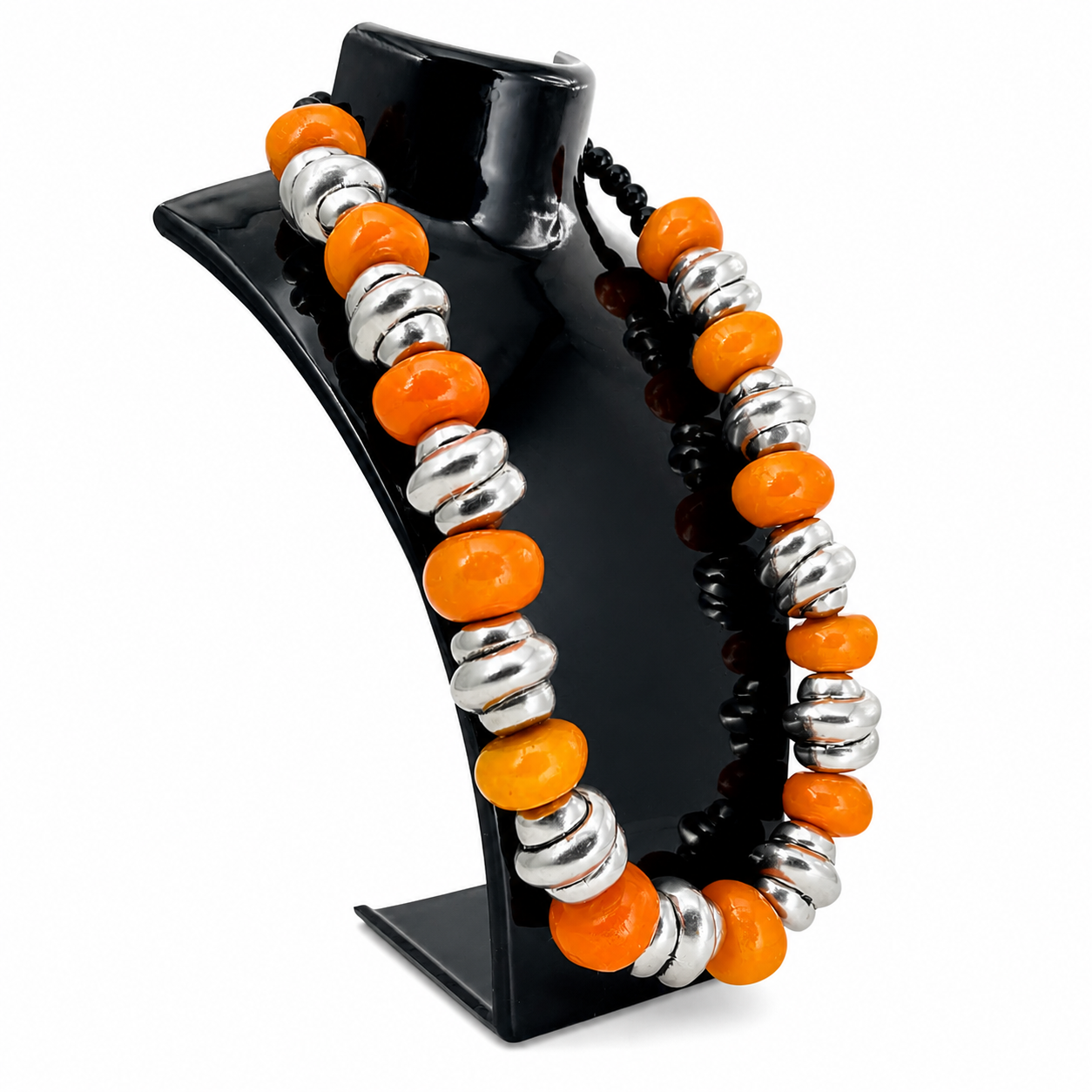 Amazigh Orange Resin Beads Silver-Tone Accents Bold Necklace