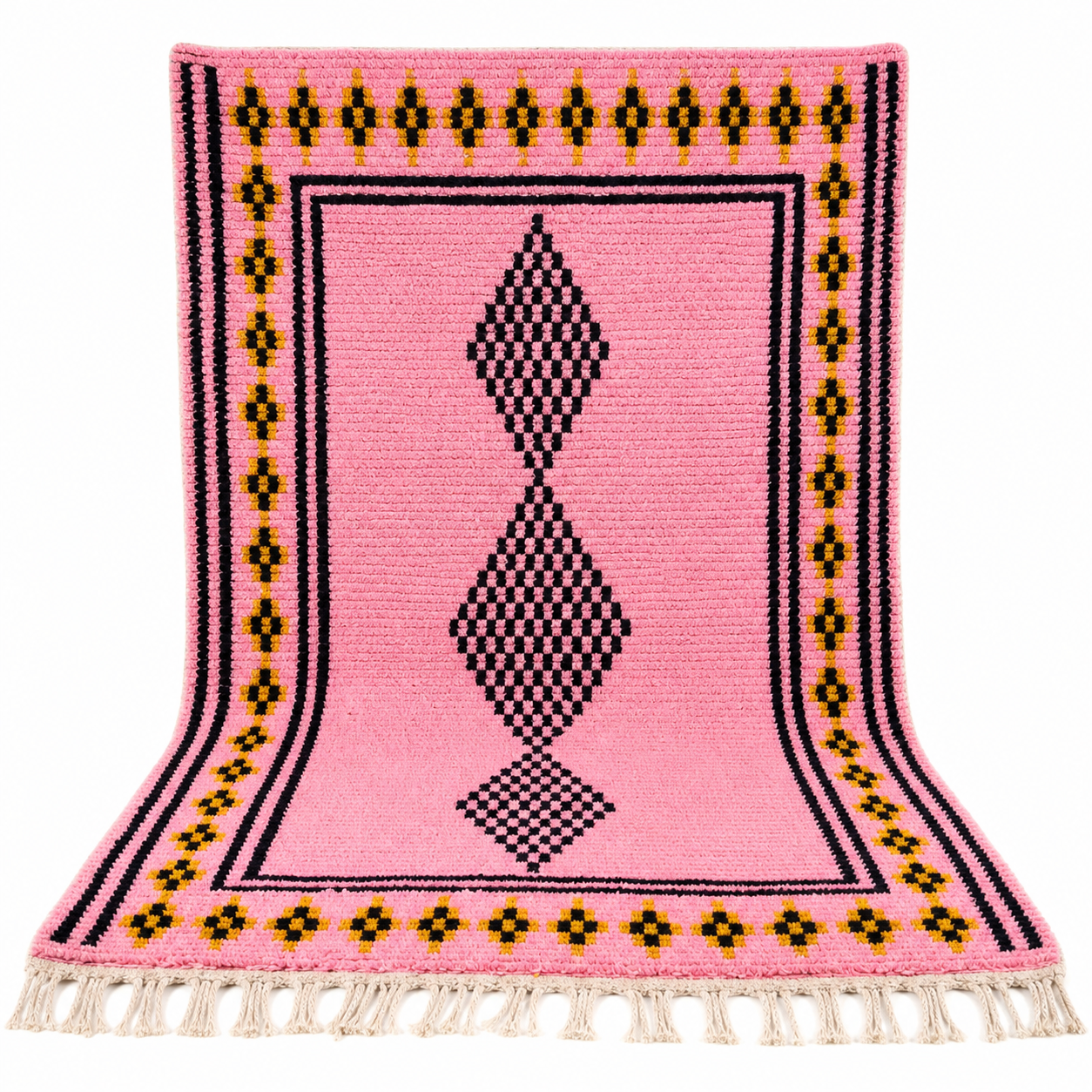 Amazigh Pink Cream Black Geometric Diamond Wool Rug