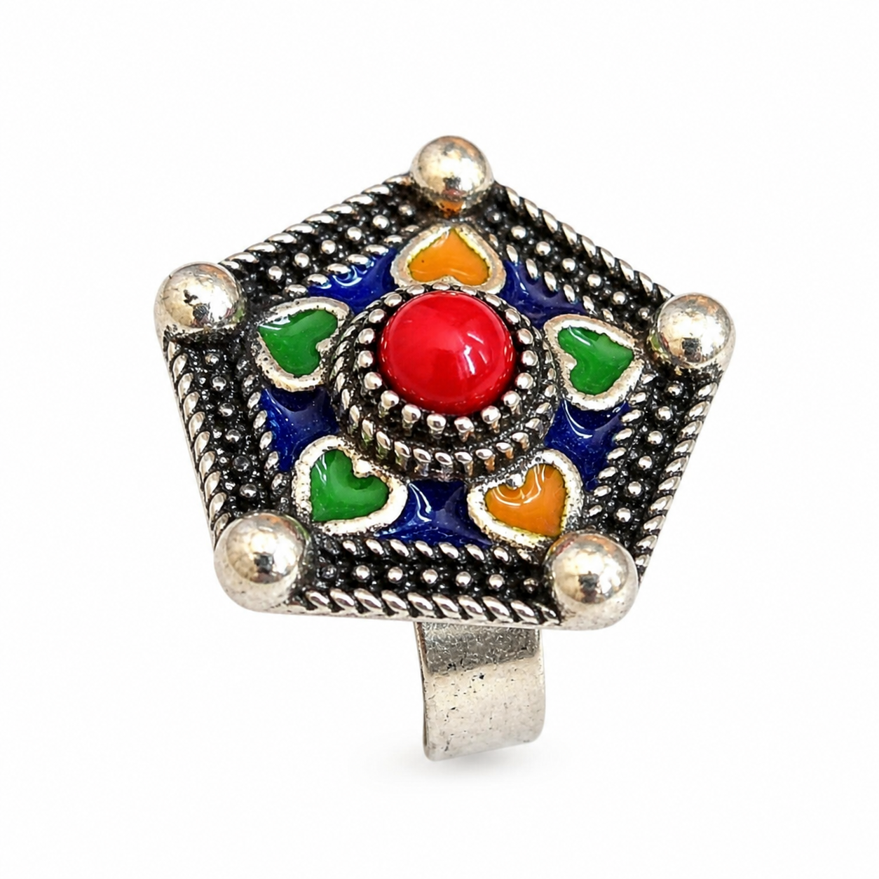 Amazigh Ring in métal argenté émaillé kabyle- - berbère