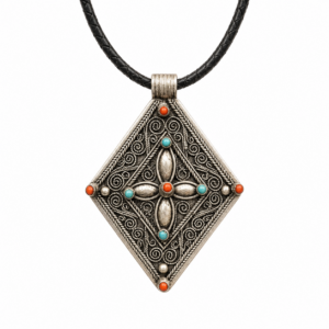 Amazigh Silver Pendant Coral Stone Handmade Jewelry Necklace
