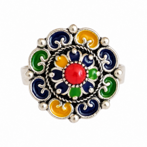 Amazigh Silver Tone Enameled Adjustable Flower métal Ring
