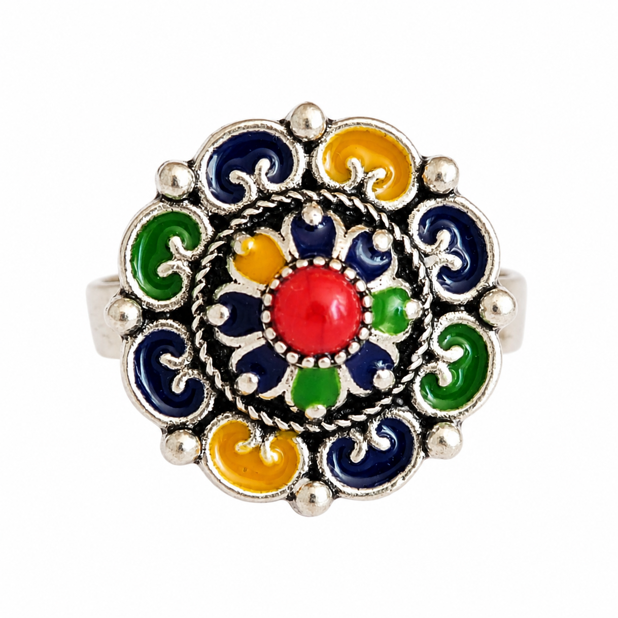 Amazigh Silver Tone Enameled Adjustable Flower métal Ring
