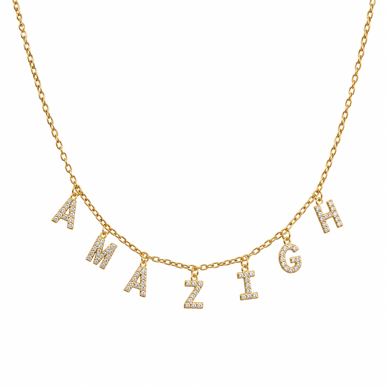 Amazigh Sparkling Letter Charm Gold-Tone Stainless Steel Necklace