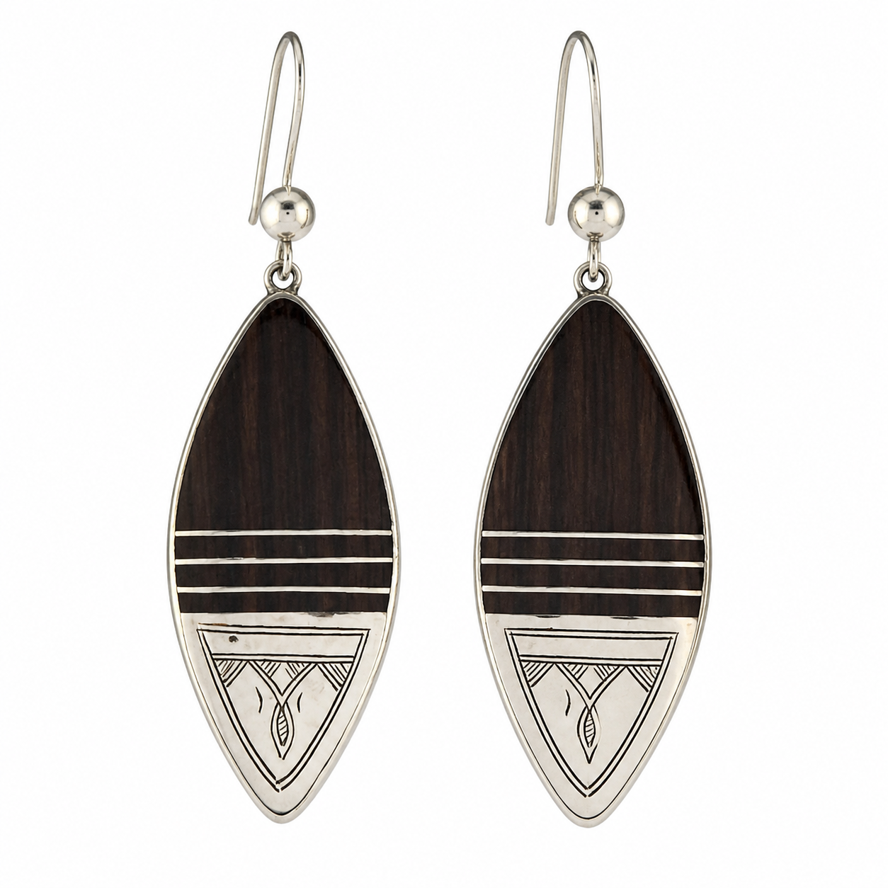 Amazigh Tuareg Mahogany Wood Sterling Silver Hand-Etched Earrings