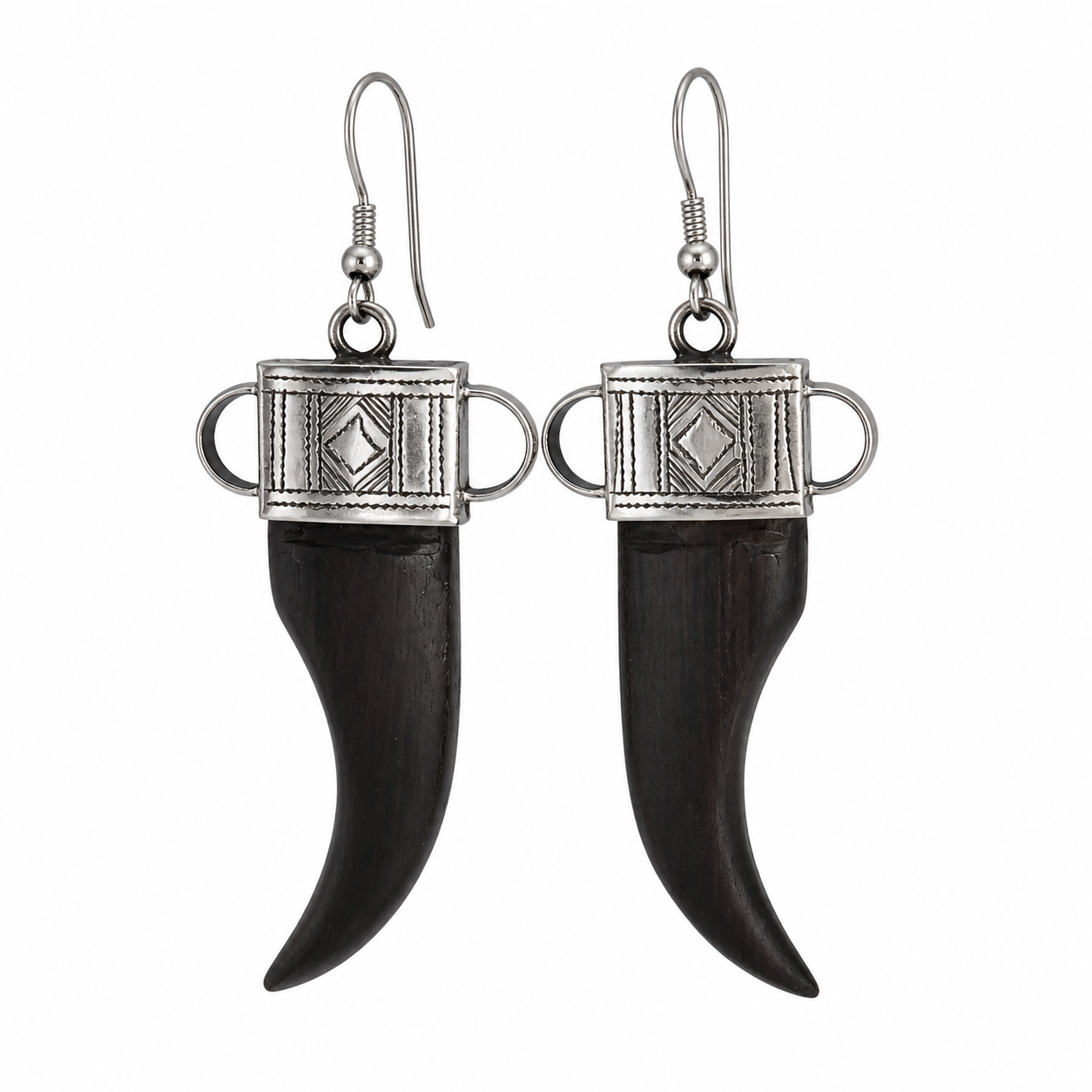 Amazigh Tuareg Silver and Mahogany Lightweight Engraved Earrings