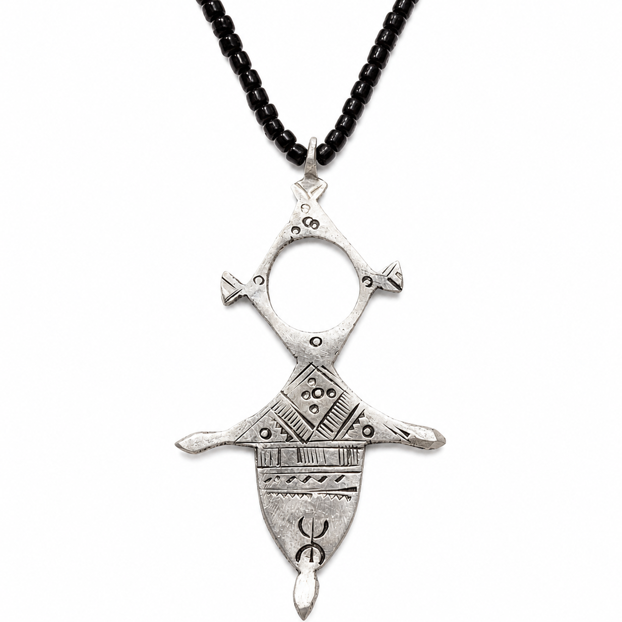 Amazigh Tuareg Symbolic Metal Pendant Necklace with Leather Cord