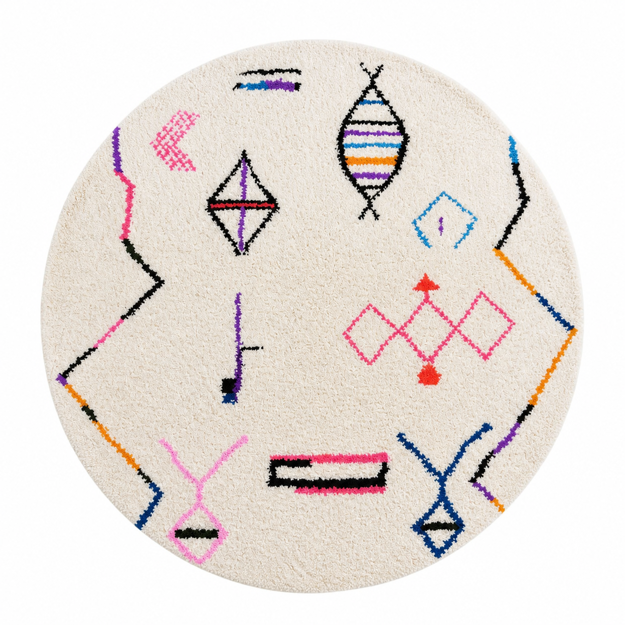 Amazigh Unique Round Minimalist Wool White Colorful Rug