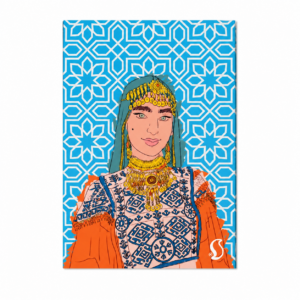 Amazigh Woman Traditional Berber Dress Blue Geometric Portrait Wall Art
