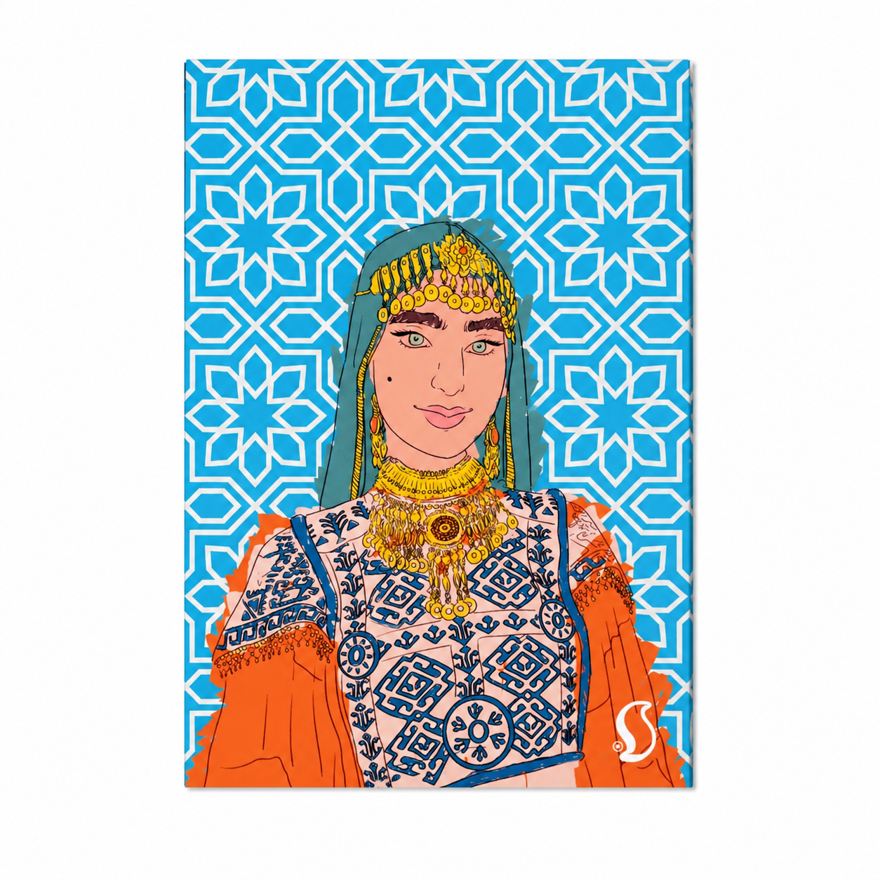 Amazigh Woman Traditional Berber Dress Blue Geometric Portrait Wall Art