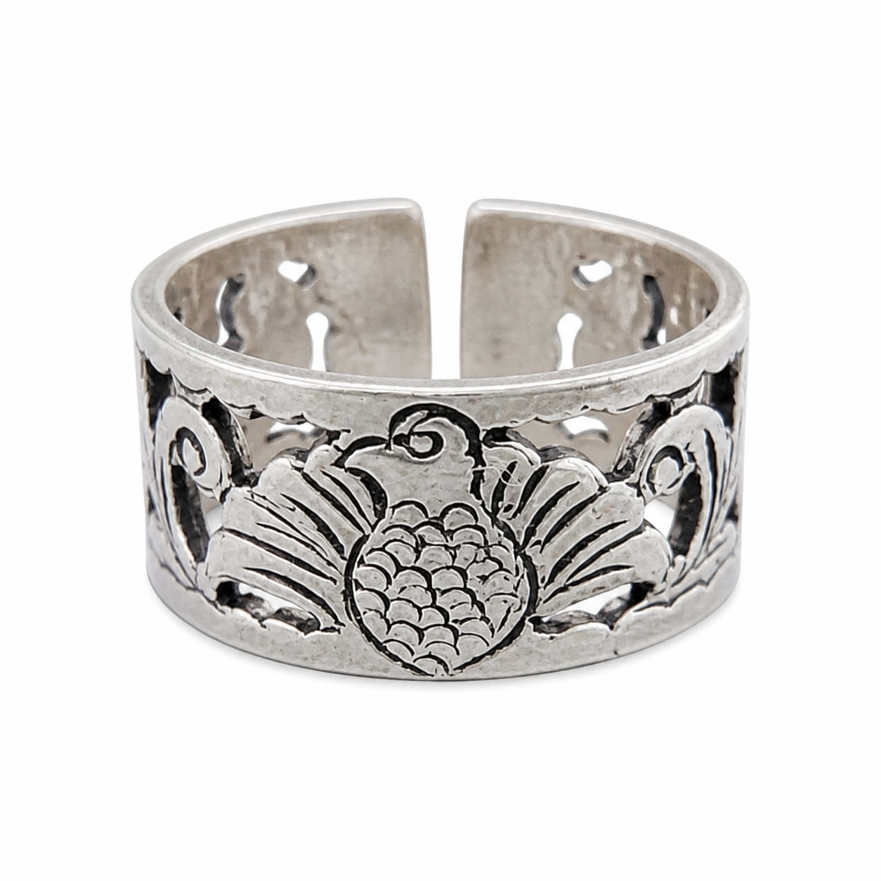 Berber Amazigh Peacock Feather Sterling Silver Hand-Engraved Lunja Ring