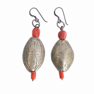 Berber Antique Chiseled Silver Coral Earrings South Design