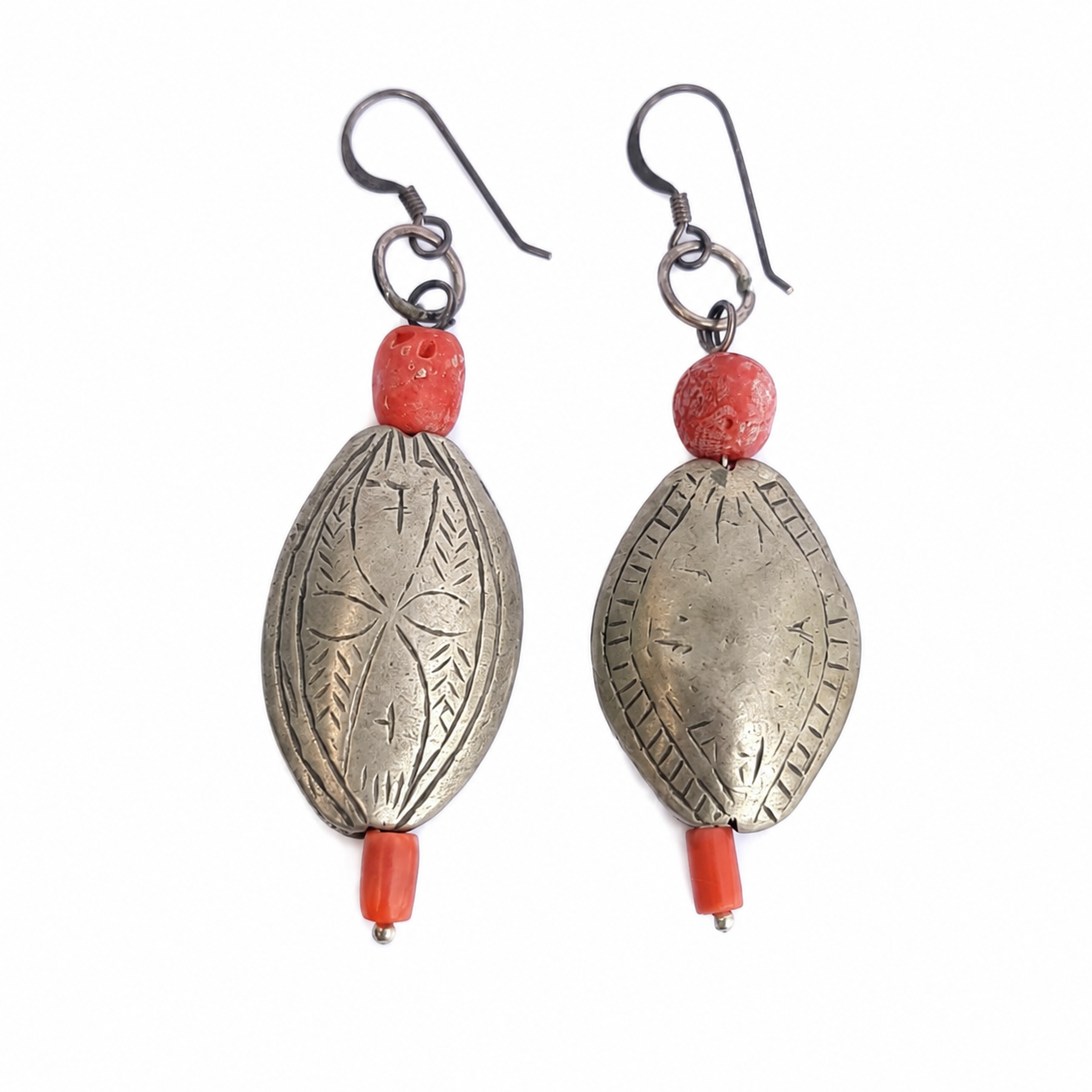 Berber Antique Chiseled Silver Coral Earrings South Design