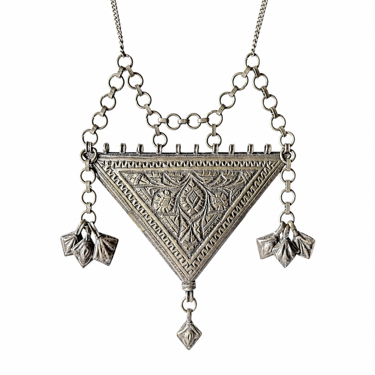 Berber Antique Hand Engraved Silver Alloy Amulet Necklace