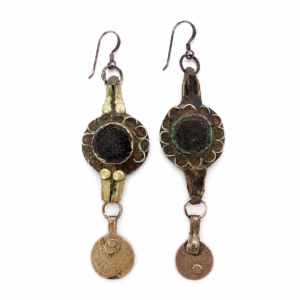 Berber Antique Silver Glass Coin Earrings with Design