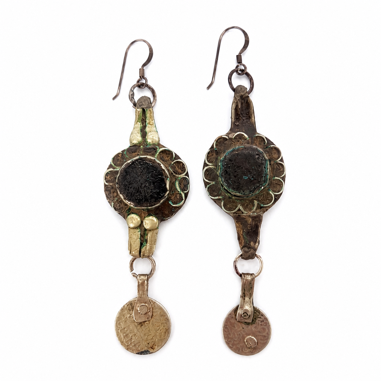 Berber Antique Silver Glass Coin Earrings with Design