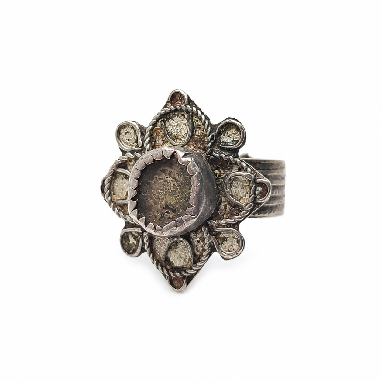 Berber Antique silver glass Morocco old flower Ring