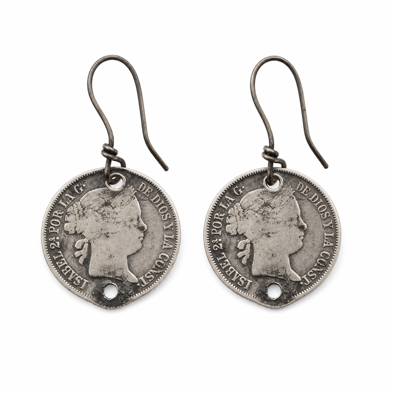Berber Antique Spanish Silver Coin Earrings with Handmade Ear Stems