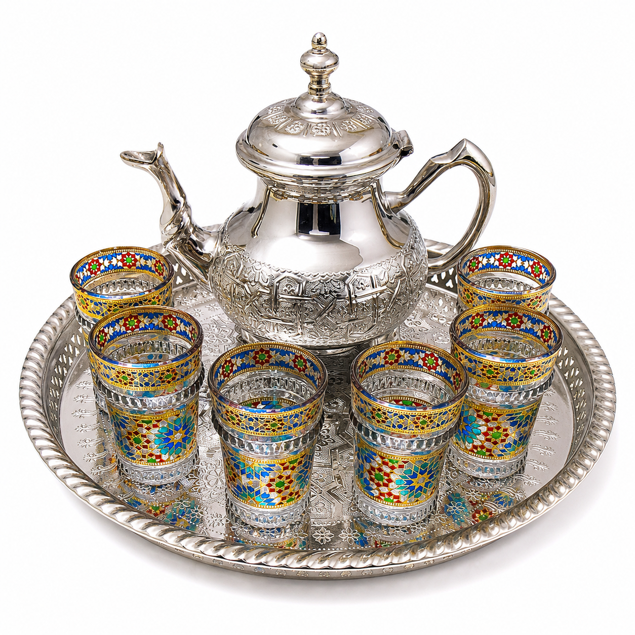 Berber Authentic Tea Set Handmade Glasses Silver Teapot