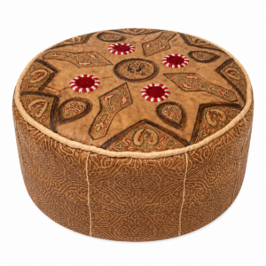Berber Brown Leather Embossed Boho Ottoman Rustic Pouf