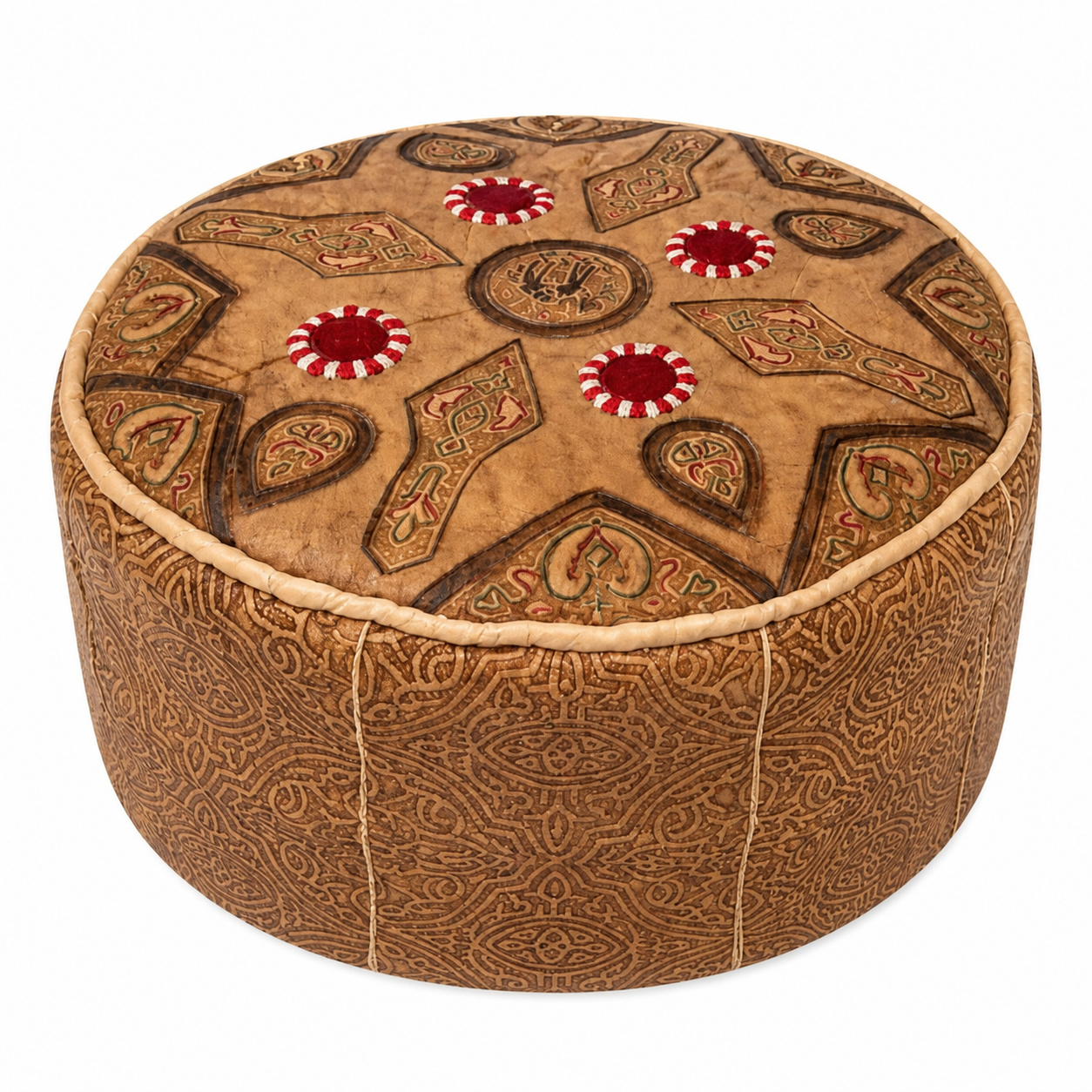 Berber Brown Leather Embossed Boho Ottoman Rustic Pouf