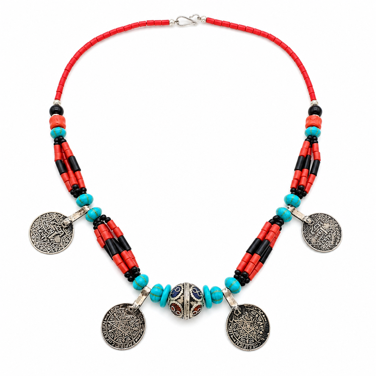 Berber Coral Turquoise Antique Coin Handmade Statement Necklace