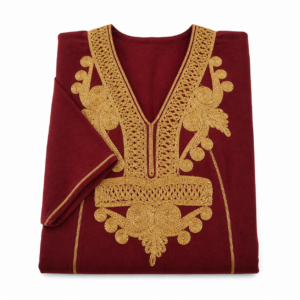 Berber Embroidered Gandoura Dress Burgundy Boho Maxi Kaftan